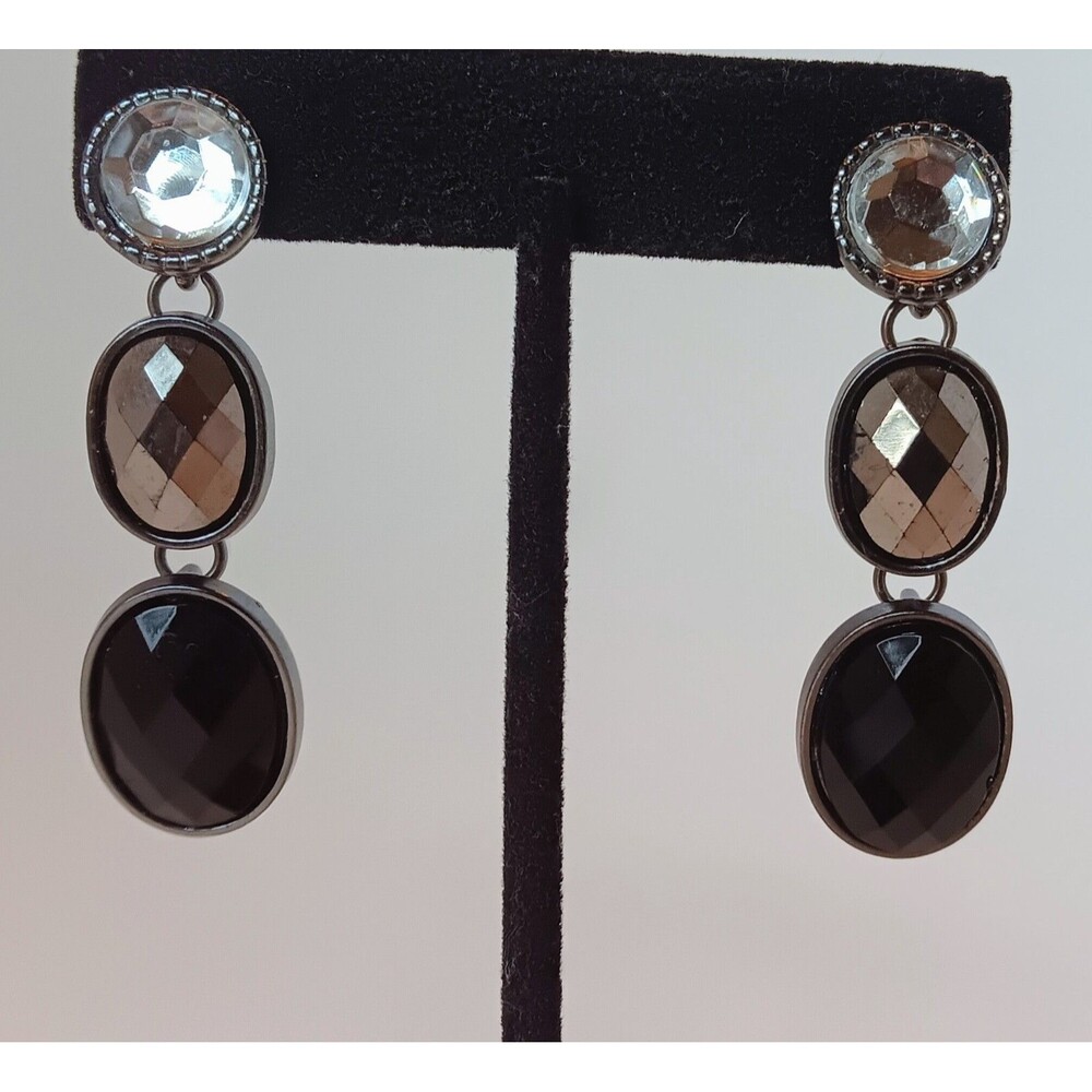 Charming Charlie Clear & Black Faceted Glass Statement Earrings 2.25 in